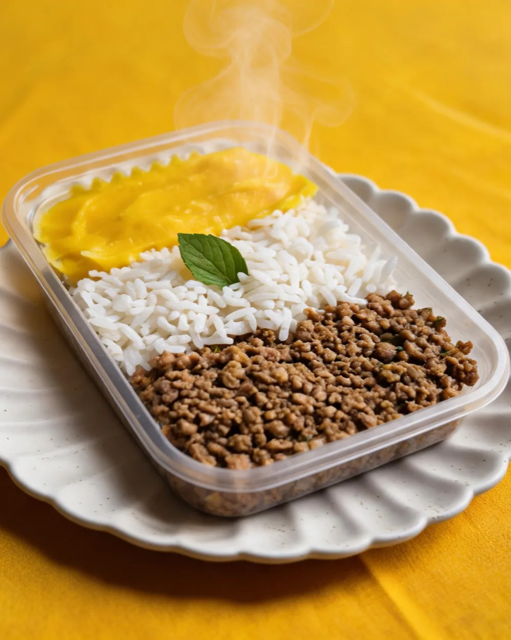 Marmita SilFit com carne moída temperada, arroz branco e purê de abóbora, vista em ângulo 3/4 sobre prato canelado branco e toalha amarela