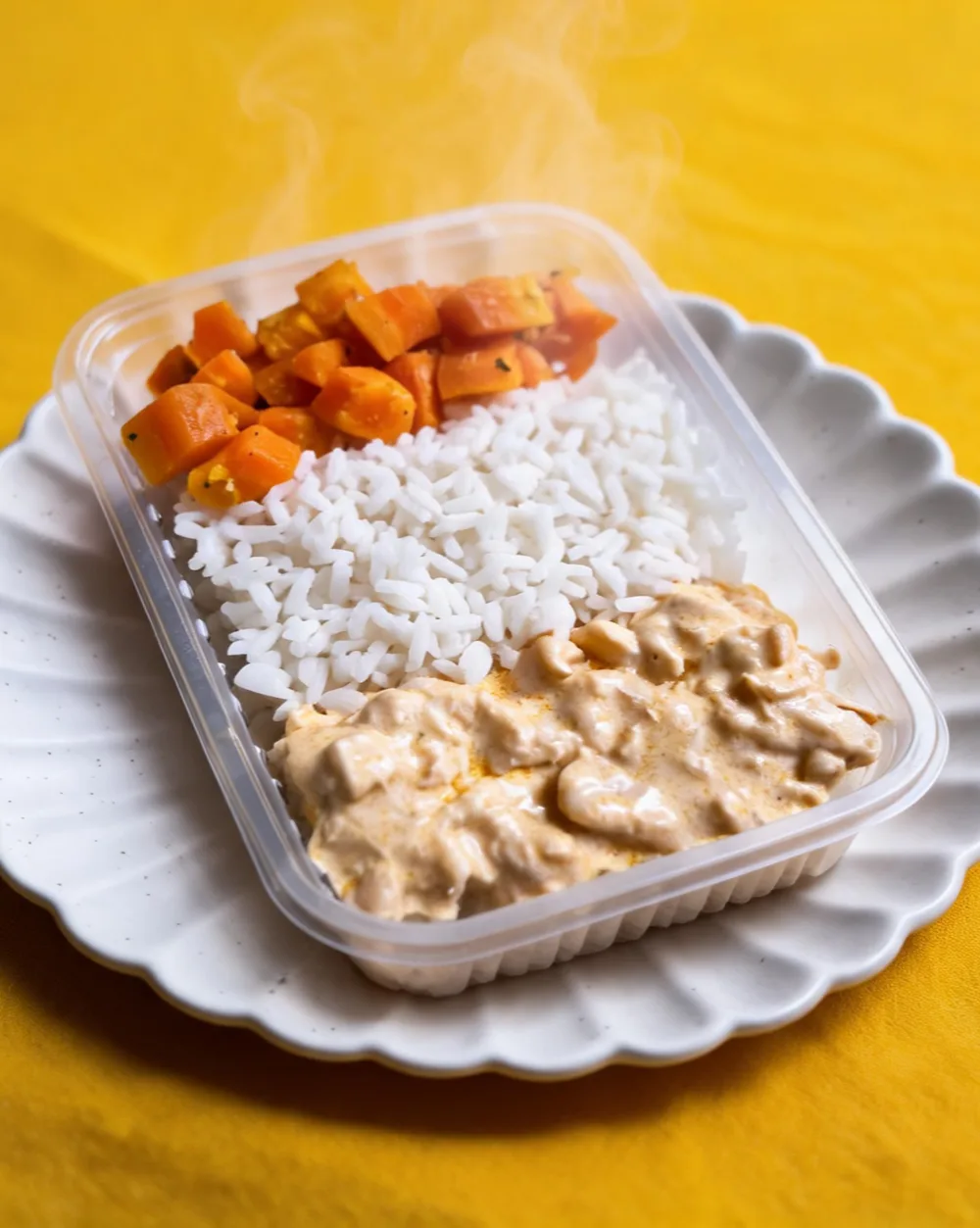 Strogonoff de Frango fit SilFit — frango ao molho cremoso, arroz branco e cubos de cenoura refogada, em marmita transparente sobre prato canelado branco