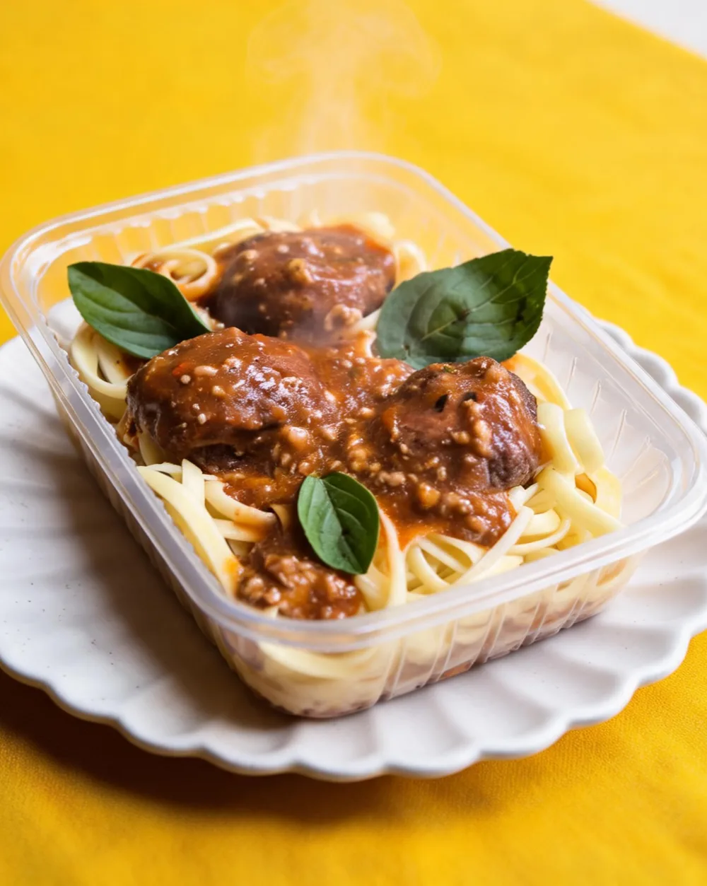 Linguine com Almôndegas tradicional SilFit — macarrão linguine com almôndegas ao molho de tomate caseiro e folhas frescas de manjericão, em marmita transparente sobre prato canelado branco