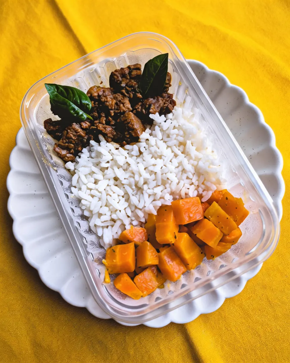 Picadinho de Carne tradicional SilFit — pedaços de carne ao molho marrom com folhas de manjericão, arroz branco e cubos de cenoura, em marmita transparente sobre prato canelado branco
