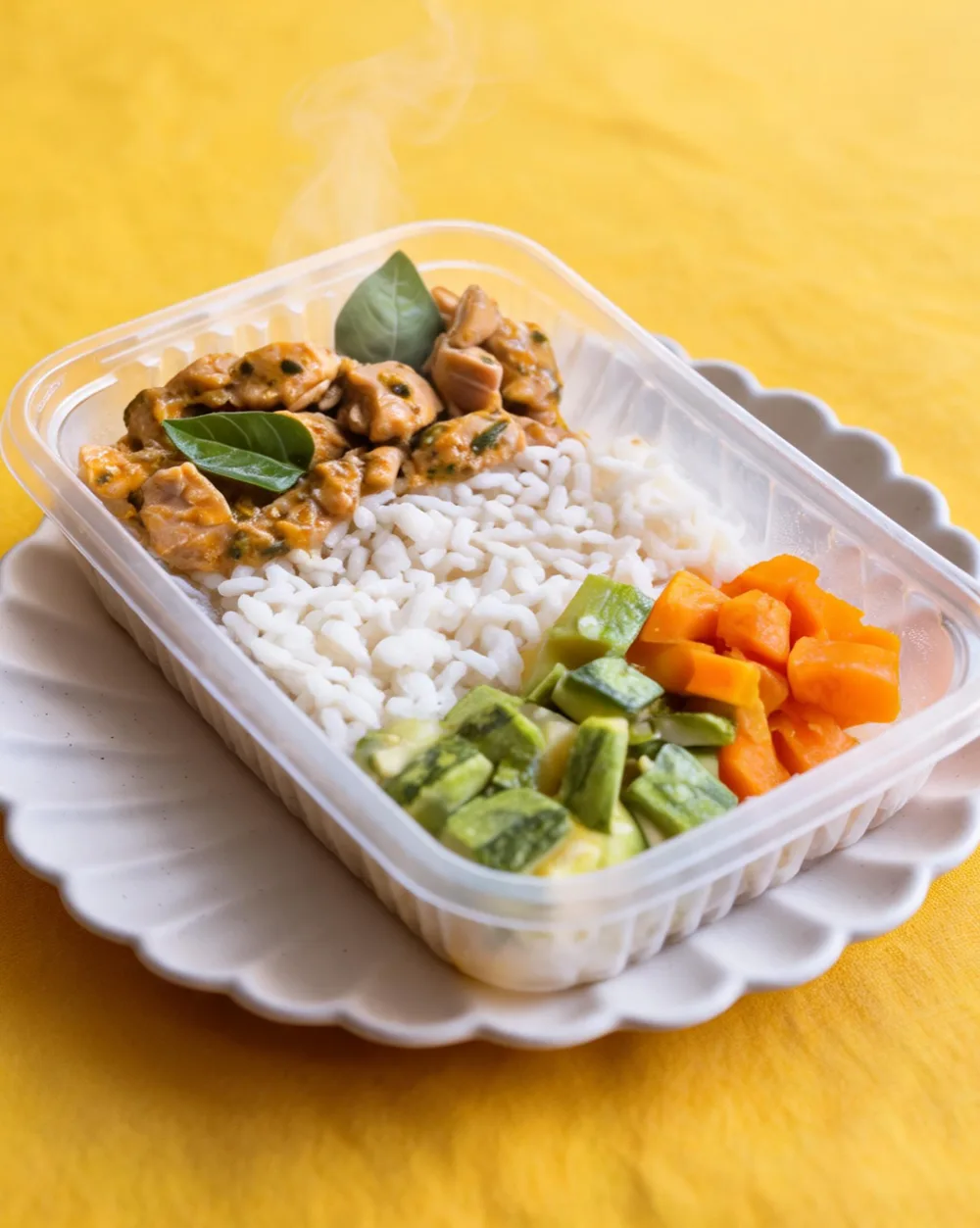 Sobrecoxa de Frango em Cubos tradicional SilFit — cubos de frango ao molho cremoso com manjericão, arroz branco, cubos de abobrinha verde e cubos de cenoura/abóbora, em marmita transparente sobre prato canelado branco